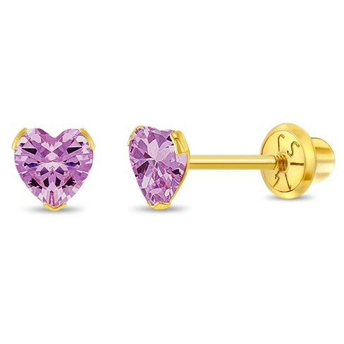 Baby Girls Birthstone Cz Heart Screw Back 14k Gold Earrings Pink In Season Jewelry Target