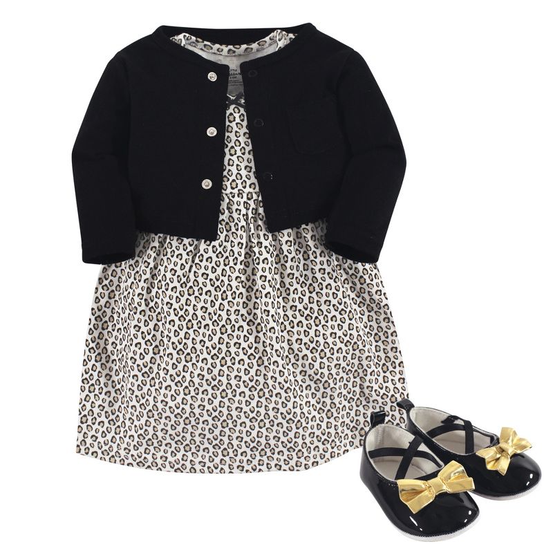 Little Treasure Baby Girl Cotton Dress, Cardigan and Shoe 3pc Set, Leopard, 1 of 2