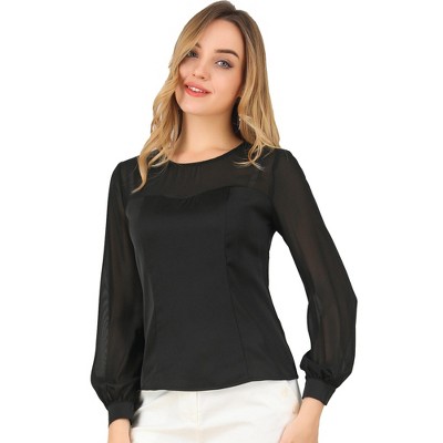 INSPIRE CHIC Women's Round Neck Lantern Long Sleeve Chiffon Satin Blouse