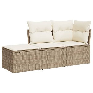 vidaXL Patio Sofa Set with Cushions Outdoor Furniture 3 Piece Poly Rattan - Beige and Cream - 1 of 4