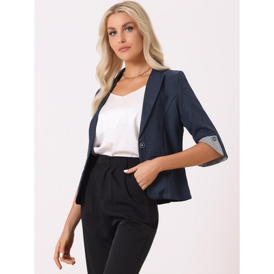 Allegra K Damen Denim Blazer, Gewaschen, One-Button, Langarm - Business Casual Mit Gekerbtem Revers