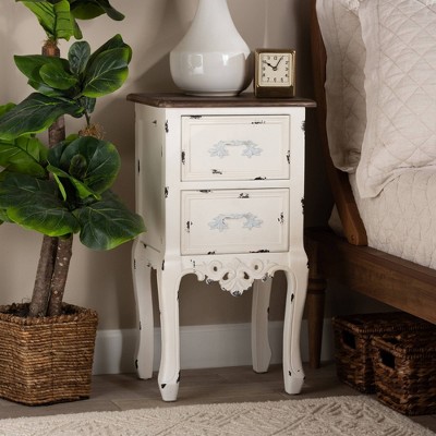 Walnut Brown & Antique White 2-Drawer Mid-Century Nightstand