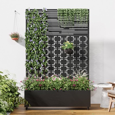 Wooakway 72"H Metal Planter Box with Trellis Raised Garden Bed with Arbor Privacy Screen with Wheels