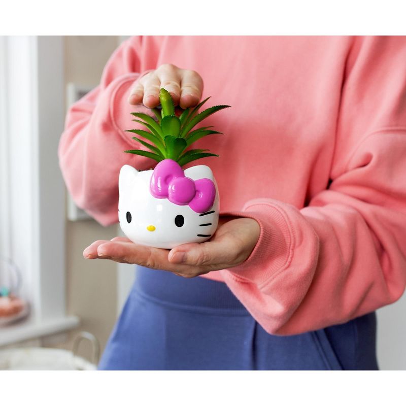 Silver Buffalo Sanrio Hello Kitty Face 3-Inch Ceramic Mini Planter with Artificial Succulent, 5 of 8