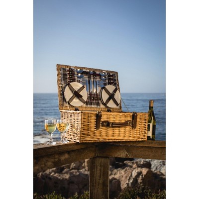 Newbury Wicker Picnic Basket with Navy and Burgundy Plaid Interior