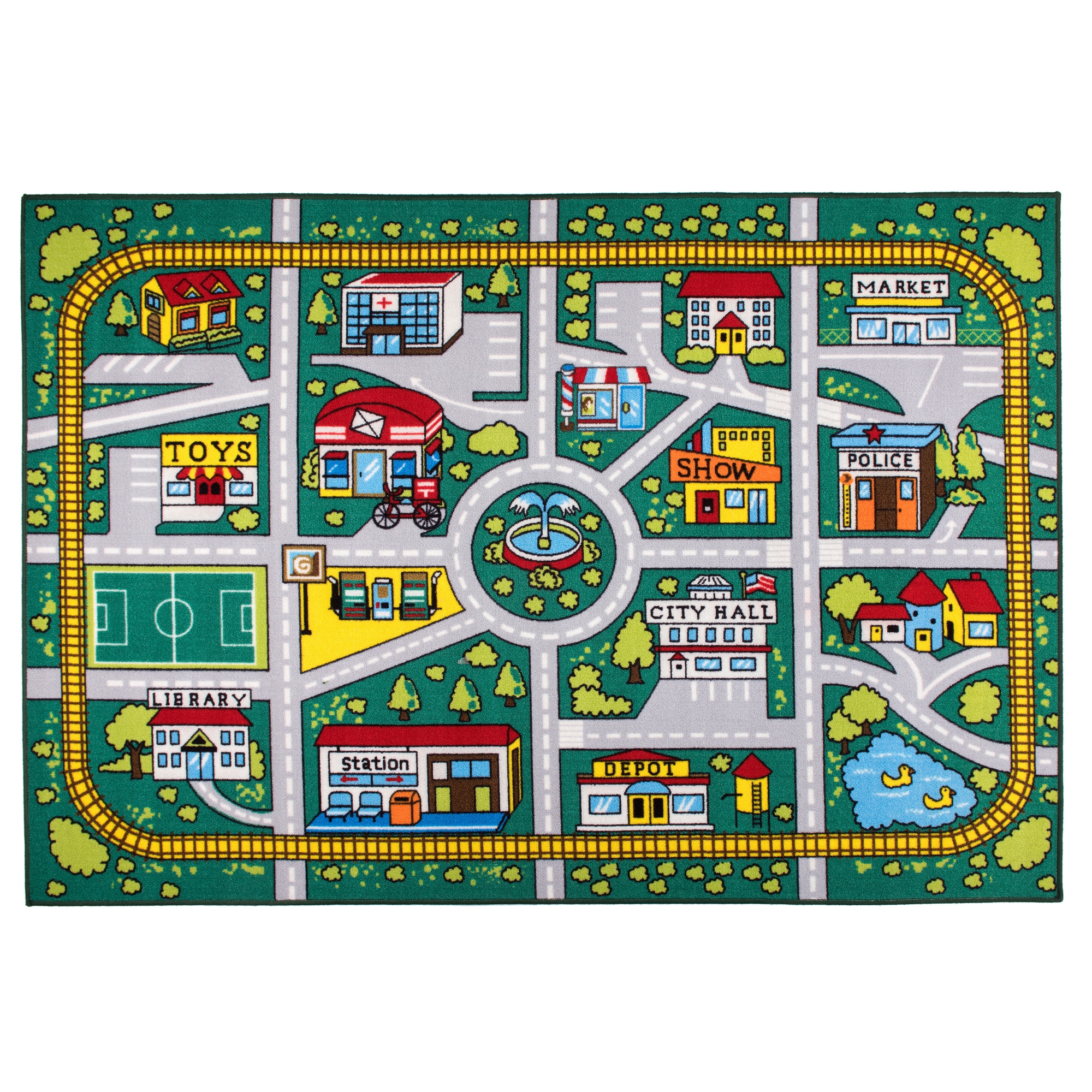 World Rug Gallery Kids Educational Learning City Life Road Non Slip Area Rug - Green 5' x 7': Stain-Resistant, Loop Pile