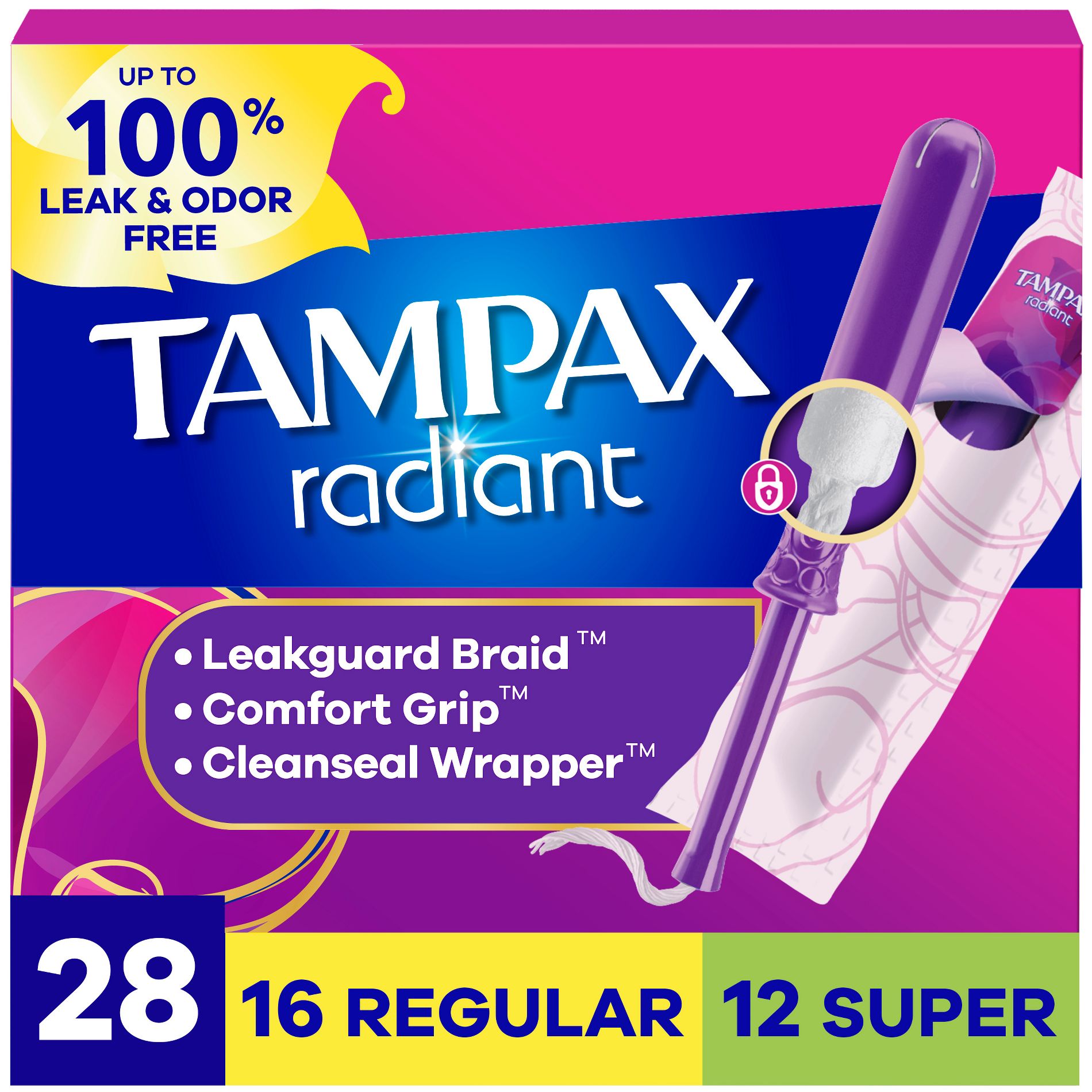 Tampax Radiant Duopack Regular/Super Absorbency Unscented Plastic Tampons