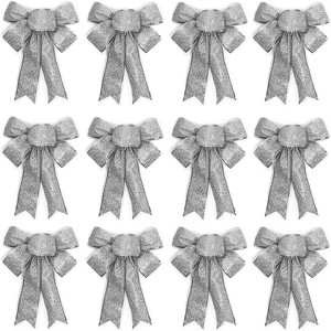 Bright Creations 12 Pieces 7"x9" Christmas Bows Organza Xmas Gift Wrapping Bowknot with Twist Tie, Silver Glitter - 1 of 4