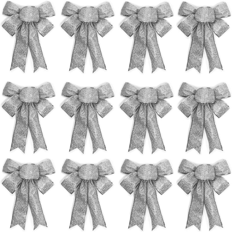 Bright Creations 12 Pieces 7"x9" Christmas Bows Organza Xmas Gift Wrapping Bowknot with Twist Tie, Silver Glitter, 1 of 9