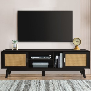SeaCamel 63'' Dark Rattan TV Stand for 65'' TVs - 2-Storage Cabinets with Solid Wood Legs - 1 of 4