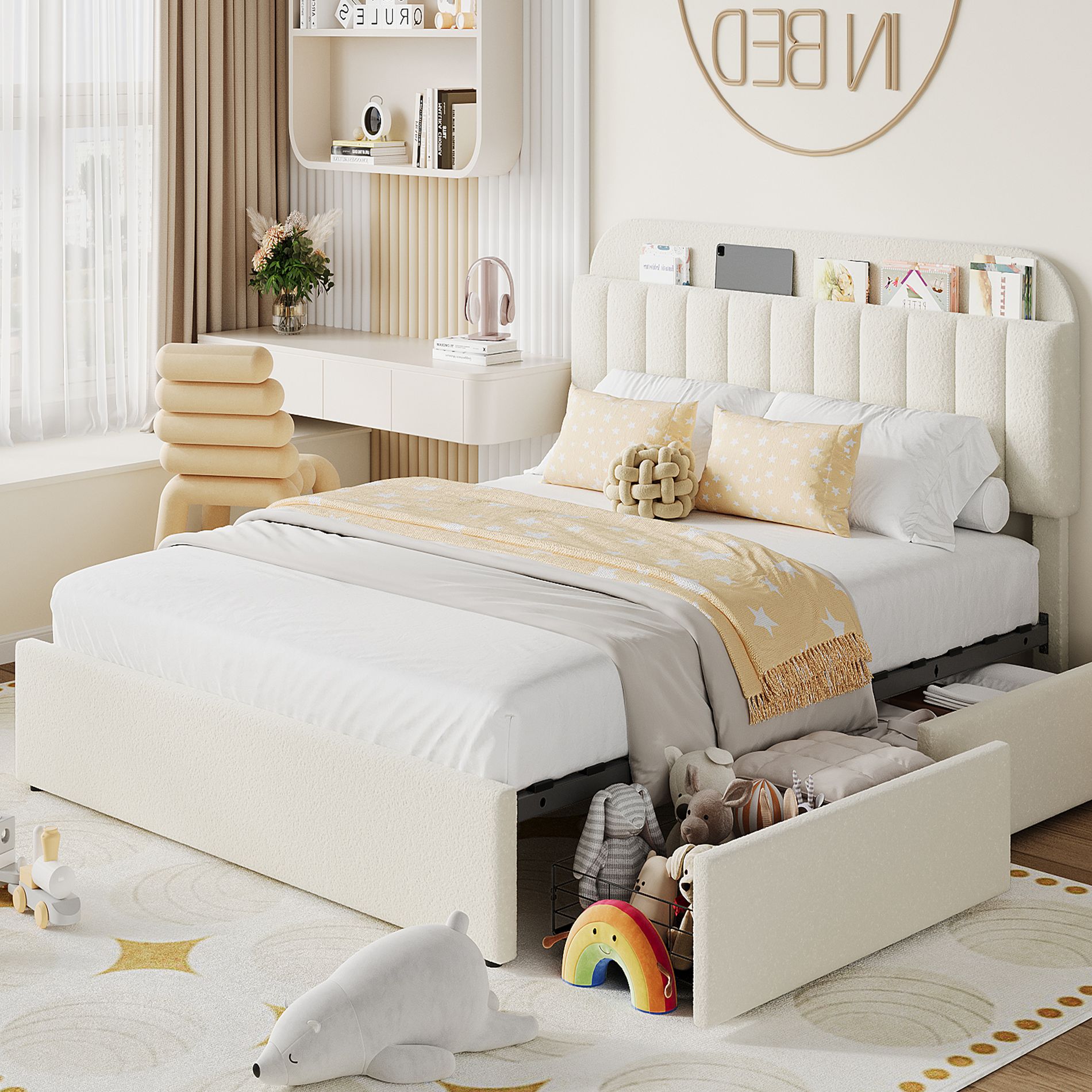 Full Bed Frame with Bookcase Headboard, Kids Bed Frame with 2 Drawers, Boucle Upholstered Platform Bed, No Box Spring Needed, Easy Assembly, Beige