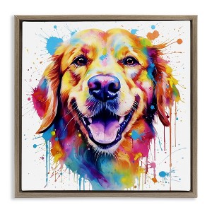 Stupell Industries Happy Dog Paint Drip Floating Frame Canvas Art, Brown, 25" x 25" - 1 of 4