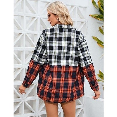 WhizMax Womens Plaid Shirts Button Down Color Block Long Sleeve Patchwork Lightweight Shirts Blouse Top Shacket Jacke