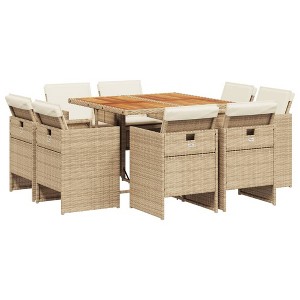 vidaXL Patio Dining Set - 9 Piece Beige Poly Rattan and Acacia Wood Outdoor Furniture with Cushions - 1 of 4