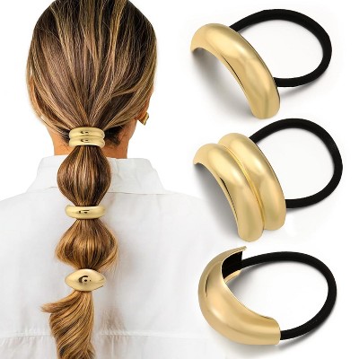 3PCS Gold Hair Ties, Metal Hair Ties for Thick Hair, Ponytail Cuffs