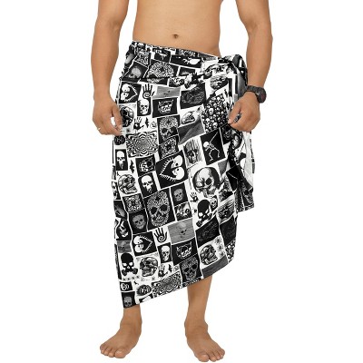 LA LEELA Men's Pareo Allover Halloween Skull Party Swim Trunks Swimwear Summer Sarong Full Beach Wrap for Men One Size Allover Skulls, Black