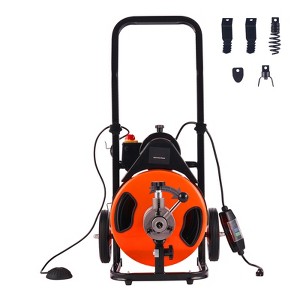 VEVOR Drain Cleaning Machine 50 FT x 1/2 Inch, Sewer Auger Auto Feed with 4 Cutter & Air-activated Foot Switch for 1" to 4" Pipes, Orange, Black - 1 of 4