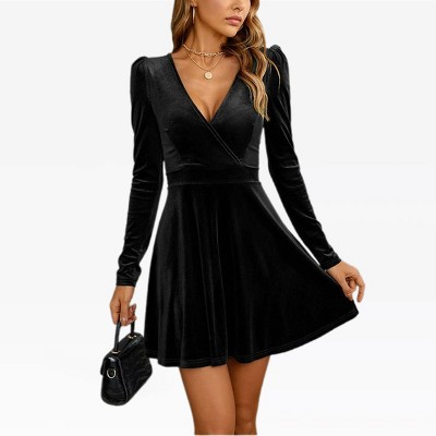 Womens Velvet Dress V Neck High Waist Surplice Christmas Dress Slim Fit Flared Mini Dress for Night Date Evening Events