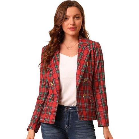 Allegra K Women's Notched Lapel Double Breasted Plaid Formal Blazer ...