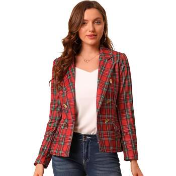 Allegra K Women's Notched Lapel Double Breasted Plaid Formal Blazer Jackets
