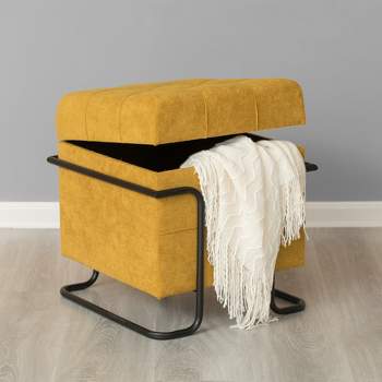 Fabulaxe Square Fabric Storage Ottoman with Black Metal Frame