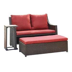 Four Seasons Courtyard Redington All-Weather Chic 3 Piece Outdoor Patio Seating Furniture Set with Cushioned Loveseat, Side Table, and Ottoman, Red - 1 of 4