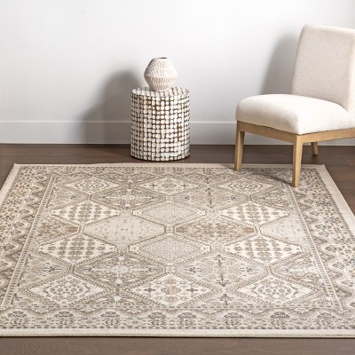 Beige Oval 6'7" x 9' Synthetic Easy-Care Area Rug