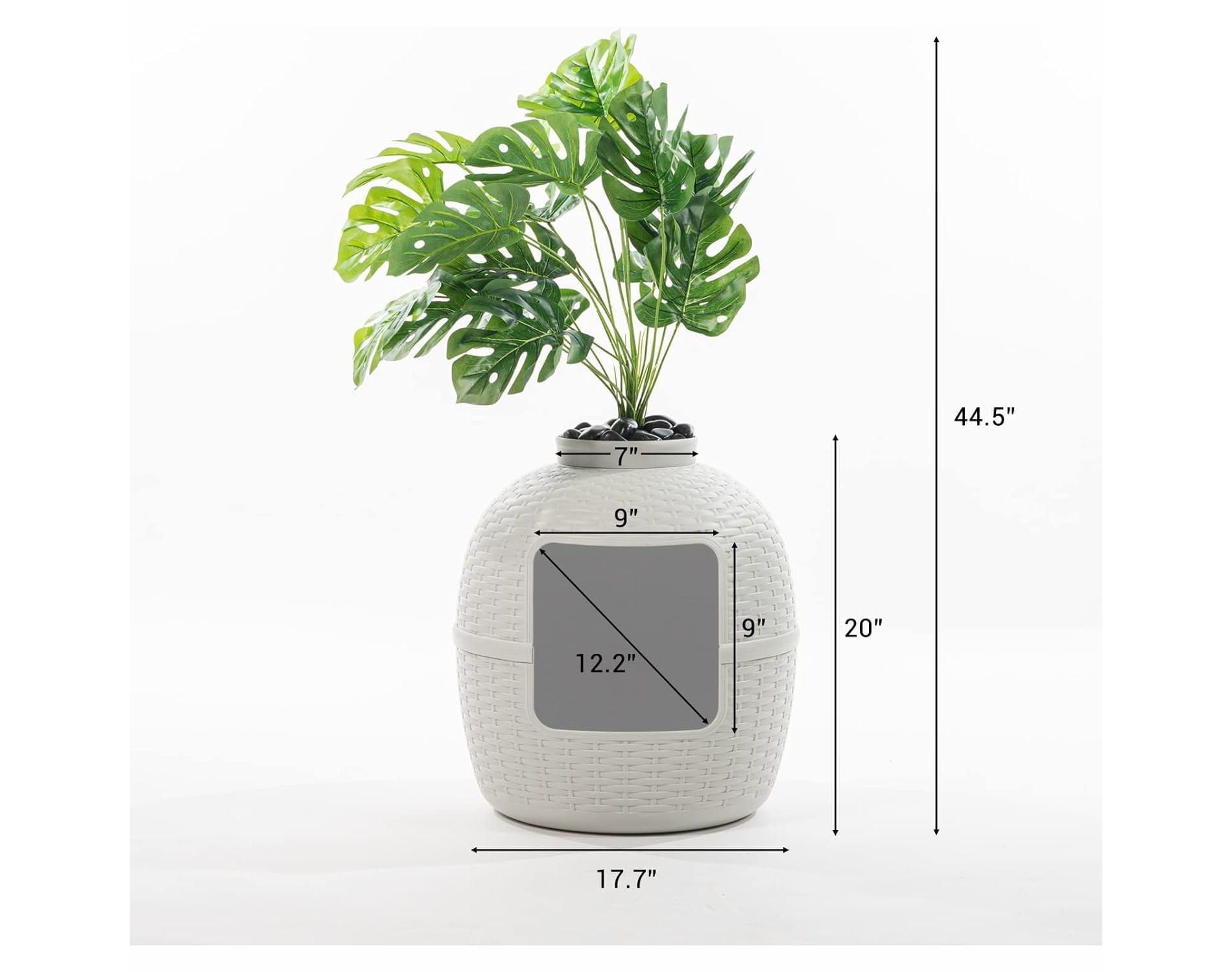 Heynemo Plant Litter Box, Hidden Litter Box with Rattan Pattern for Cat, Faux Plant and Real Stones