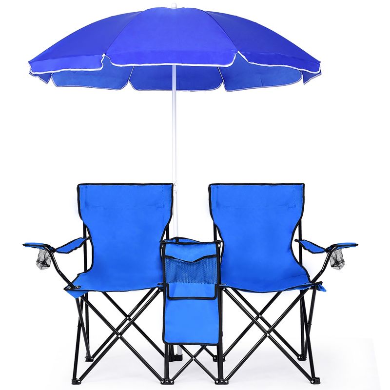 Costway Portable Folding Picnic Double Chair W/Umbrella Table Cooler Beach Camping Chair, 3 of 11