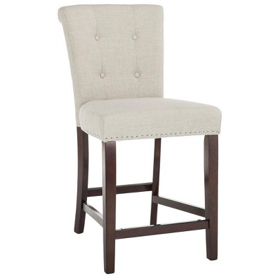 Transitional Light Grey Linen and Wood Counter Stools, Set of 2