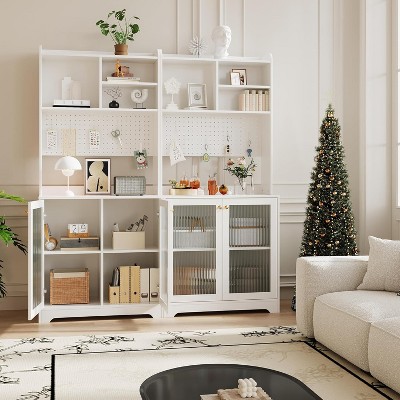 71" Kitchen Pantry Cabinet, Wooden Tall Sideboard Buffet Cabinet with Microwave Stand, Pegboard and Hutch, for Dining Room or Living Room