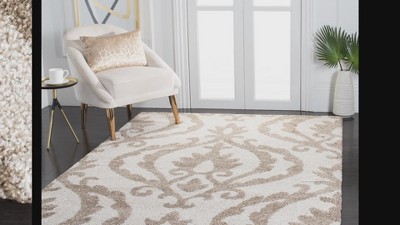 Cream and Beige Floral Shag Rectangular Area Rug