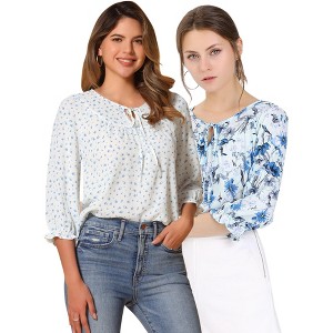 INSPIRE CHIC Women's Floral Bow Tie Neck Vintage 3/4 Sleeve Blouse 2 Packs - 1 of 4