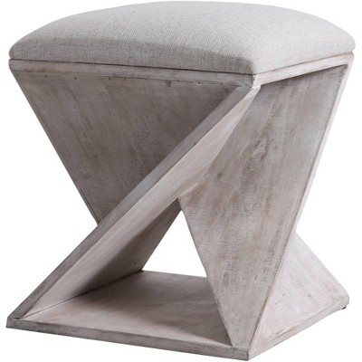 Uttermost White Wood Accent Stool 20" High Farmhouse Neutral Linen Fabric Cushion Upholstered for Kitchen Counter Height Island