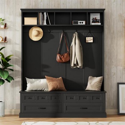 Akoasm 74 in. H Retro Wooden 3-in-1 Coat Rack with 5 Hooks and 2 Drawers For Mudroom & Living Room-Black