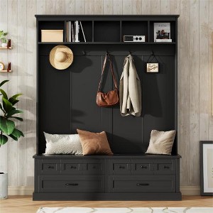 Akoasm 74 in. H Retro Wooden 3-in-1 Coat Rack with 5 Hooks and 2 Drawers For Mudroom & Living Room-Black - 1 of 4