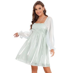 Womens Puff Sleeve Square Neck Puffy Dress Babydoll Mesh Mini Dress - 1 of 4