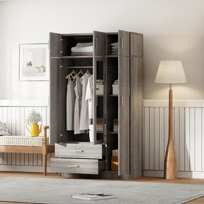 LOVMOR Modern 3-Door Mirror Wardrobe Closet with 2 Drawers & Top Cabinets, Freestanding Armoire w/ Hanging Rail & 4 Shelves