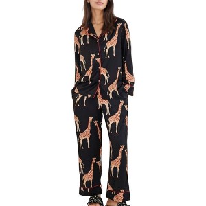 Anna-Kaci Lounge Women's Giraffe Print Pajama Set with Long Sleeve Button Down Top and Relaxed Fit Woven Pants - 1 of 4
