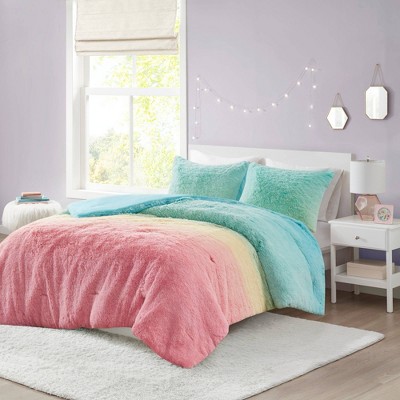 Twin Aqua Multi Faux Fur Down Alternative Comforter Set