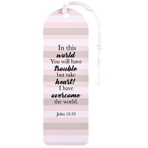 Dicksons BKMTL-523 Take Heart I Have Overcome The World Striped Pink and Grey 2 x 6 Paper and Tassel Curved Top Encouraging Tassel Bookmark, Pack of - 1 of 2