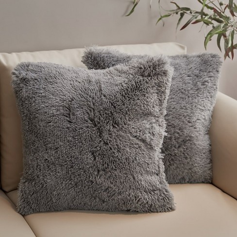Cheer Collection Faux Fur Pillows - Decorative Round Throw Pillows for  Couch & Bed - Machine Washable - 18 - Grey (Set of 2)