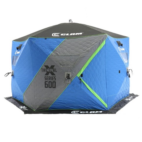 CLAM 14470 X-600 Portable 7 Person 11.5 Foot Pop Up Ice Fishing Angler  Thermal Hub Shelter Tent with Anchors, Tie Ropes, and Carrying Bag
