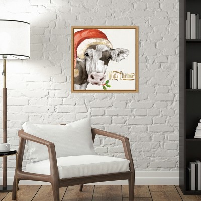 Christmas Cow Print on Canvas with Maple Frame