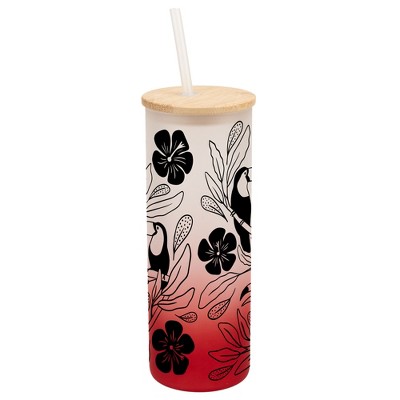 Elanze Designs Tropical Tucan Bird Flower Garden Wrap-Around Design 25 Ounce Frosted Gradient Glass On-The-Go Coffee Travel Skinny Tumbler Mug Cup,