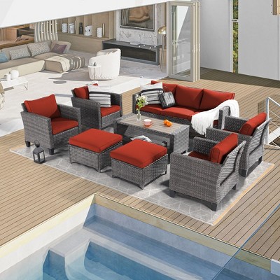Sonkuki 8-Piece Patio Conversation Set with Ottoman and Side Table, Navy Blue Cushion