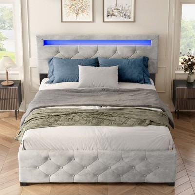 Okak Queen-size Bed Frame with Headboard, Upholstered Platform Storage with 4 Drawers and LED Light