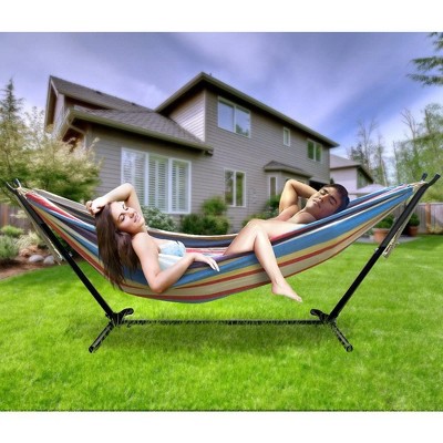 Sorbus Double Hammock with Steel Stand - Multicolor Stripes