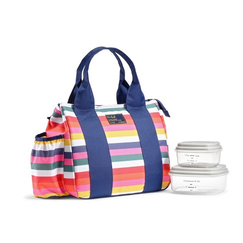Fit + Fresh Womens Large Lunch Tote, Insulated Thermal Lunch Bag with Water Bottle, Grey Stripe, Size: One Size