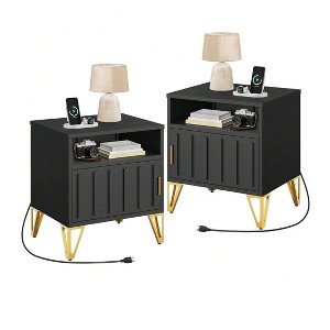 Modern Black Nightstands Set of 2 with Charging Station - Compact Bedside Tables for Living Room or Bedroom - 1 of 4